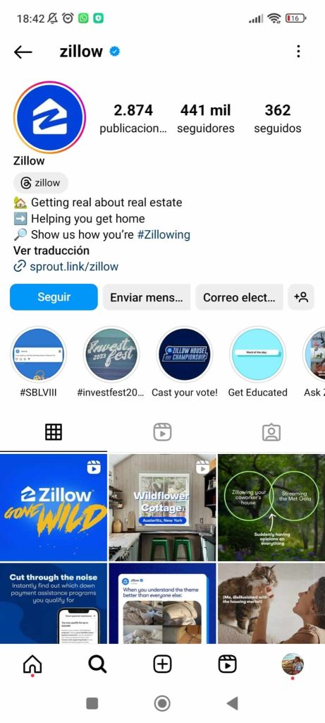 Instagram de la agencia inmobiliaria Zillow
